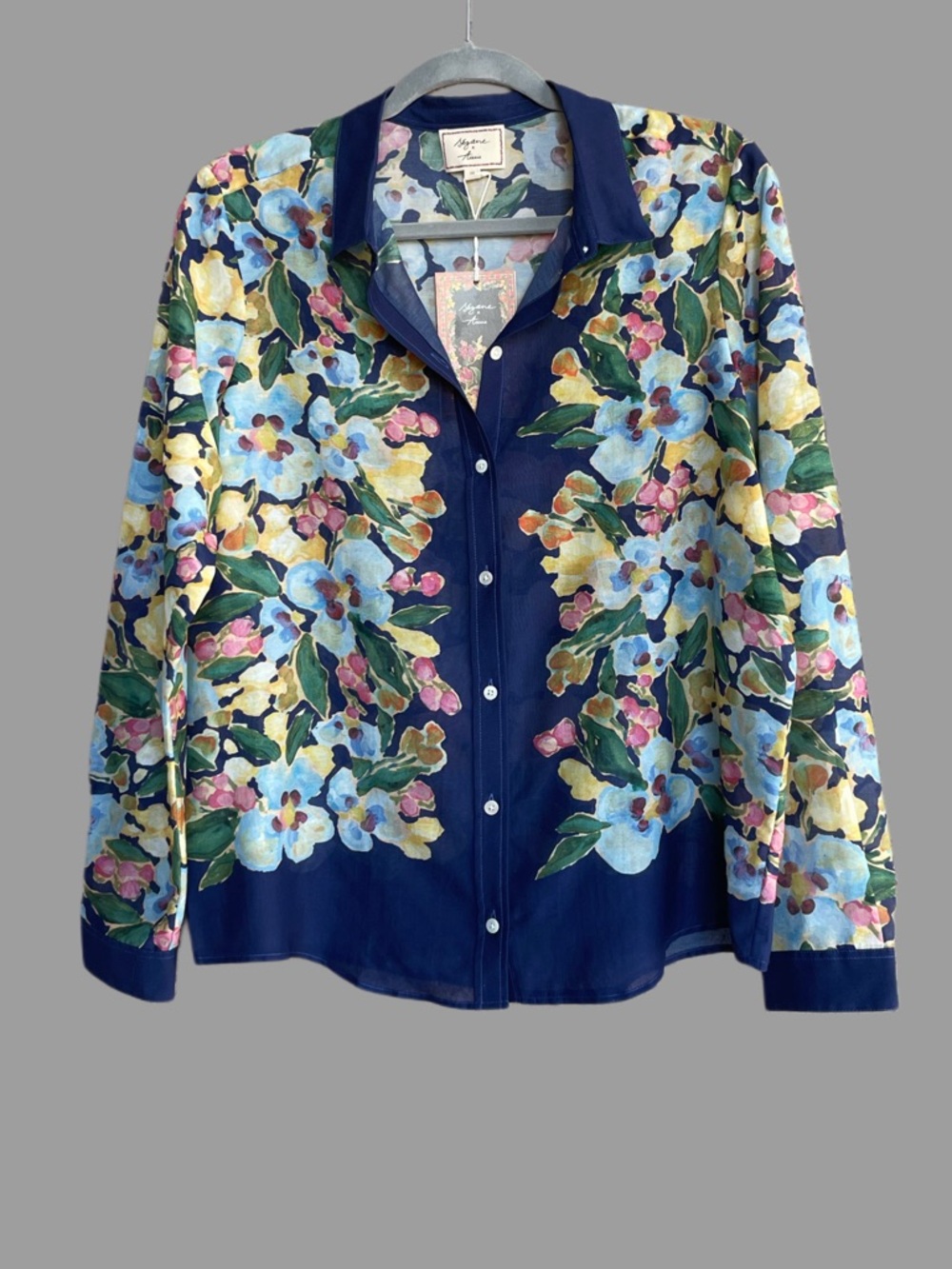 SEZANE AIMIE NWT Blue Yellow Floral Printed Silk Blend Button Down Pierro Shirt